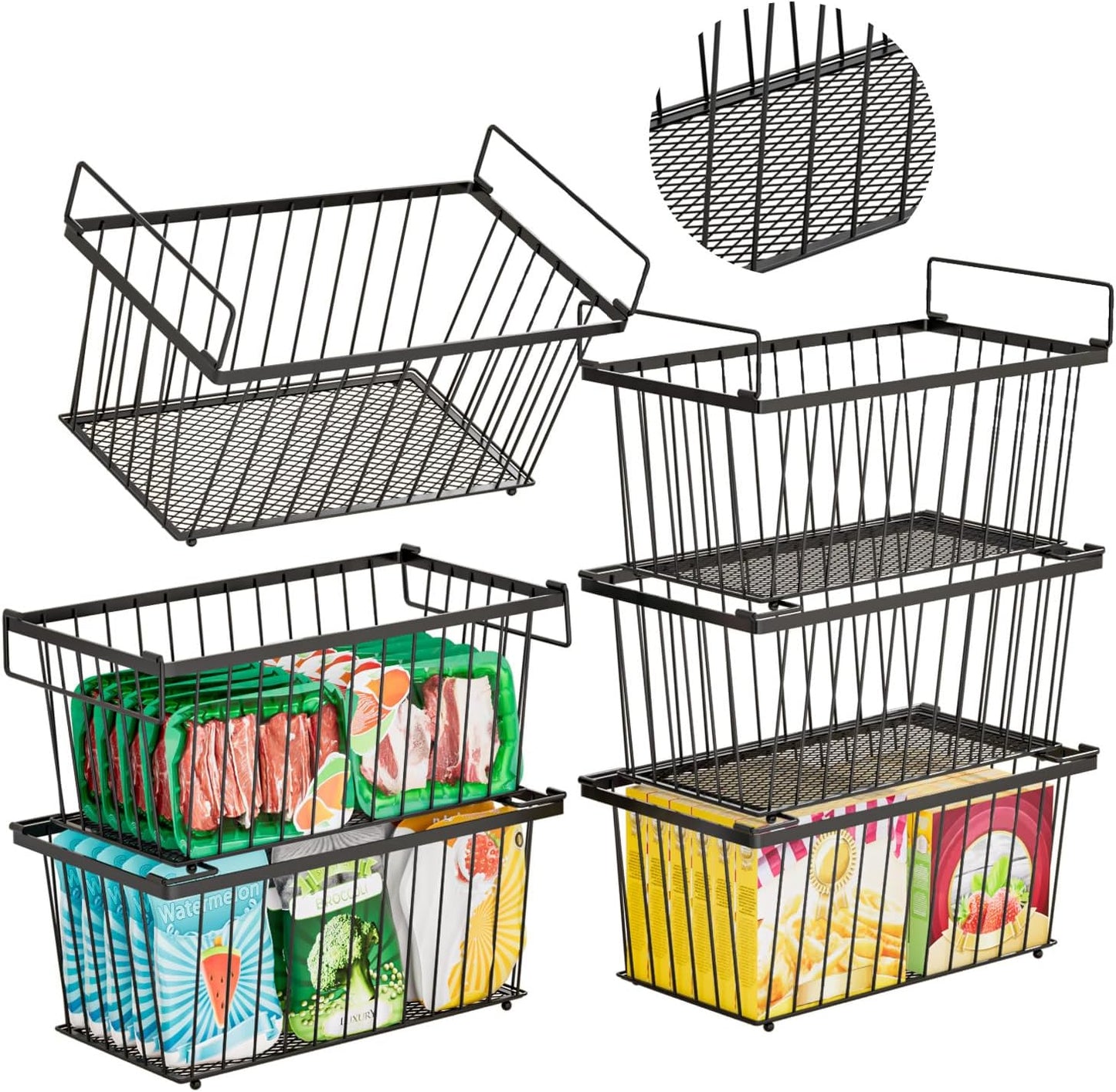 6 Pack Stackable Deep Freezer Organizer Bins ，Upgraded Bottom Leak-Proof net，Encryption and