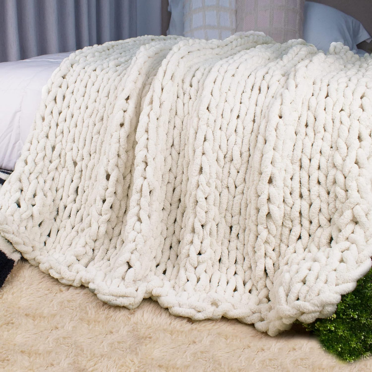 Carriediosa Chunky Knit Throw Blanket 50" X 60", 100% Hand Made Large Chenille Loop Yarn Soft