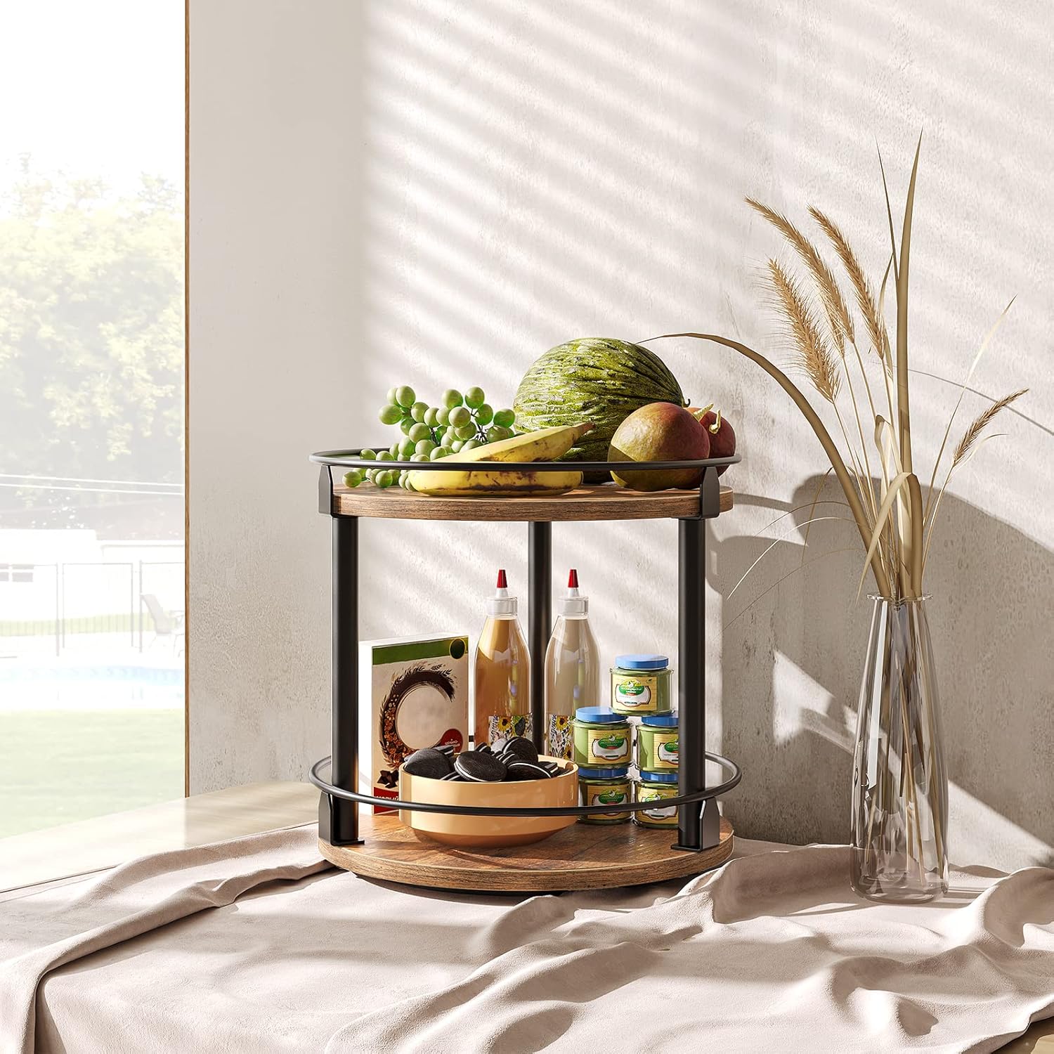 Lazy Susan Organizer, Rotating Spice Rack, 2 Tier Spice Turntable Organizer, Industrial Turntable