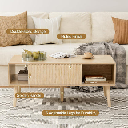 Coffee Table with Storage, Boho Dining Table with Sliding Fluted Door and Solid Wood Legs, Small
