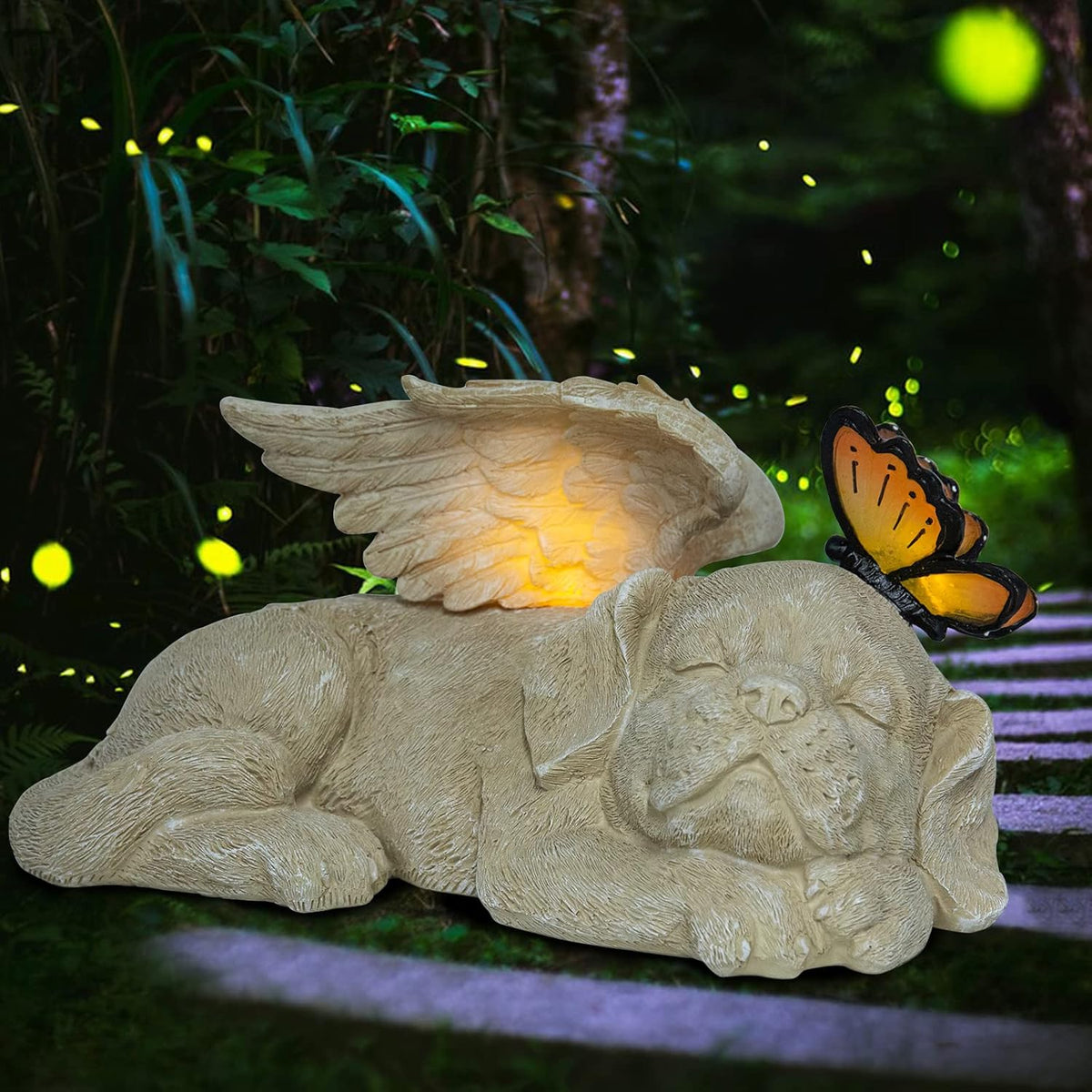 WONDER GARDEN Sleeping Dog Angel Statue with Solar Light - Pet Memorial Stone, in Memory of Dog