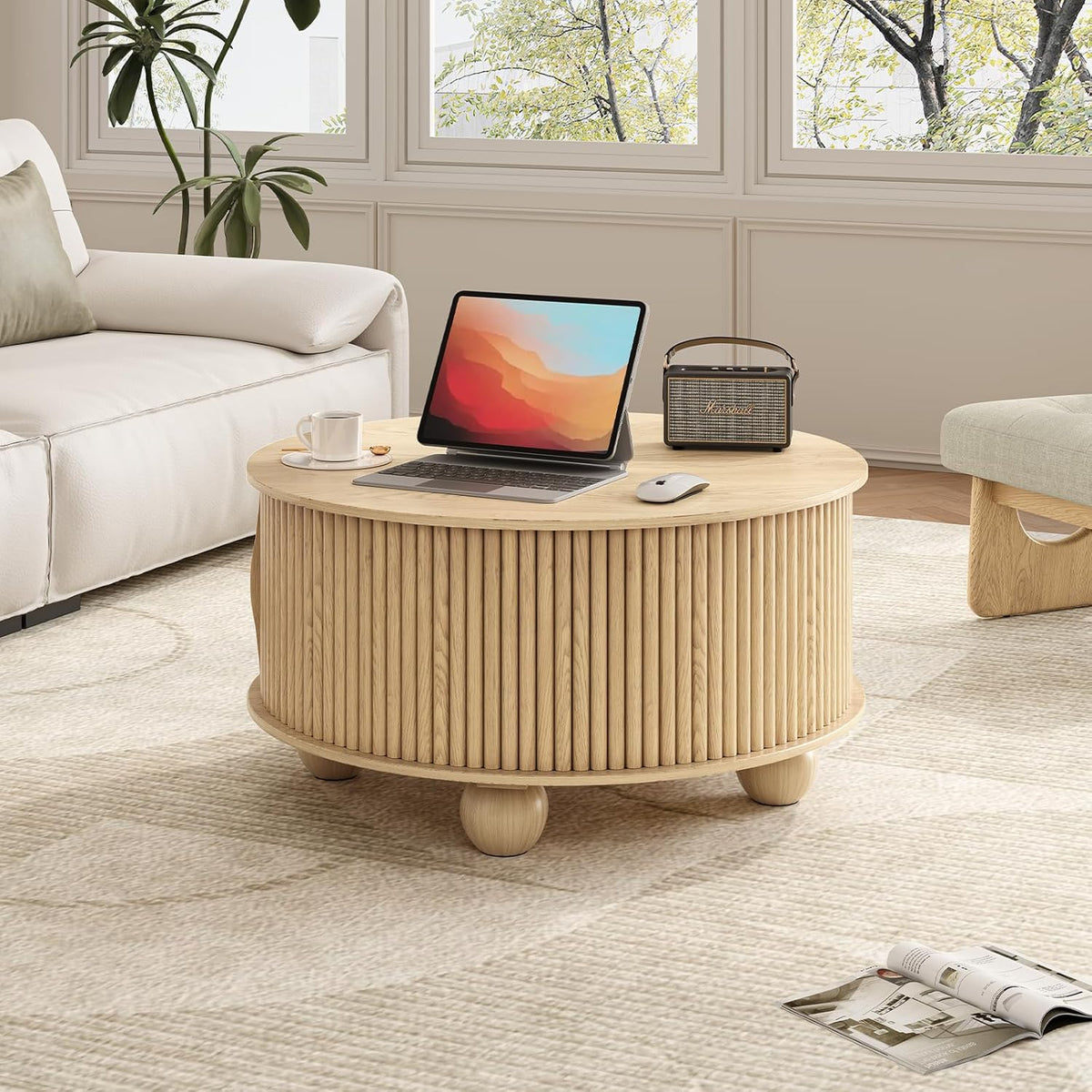 Round Coffee Table with Storage,Fluted Lift Up Coffee Table with Sliding Door,31.5" Drum Center
