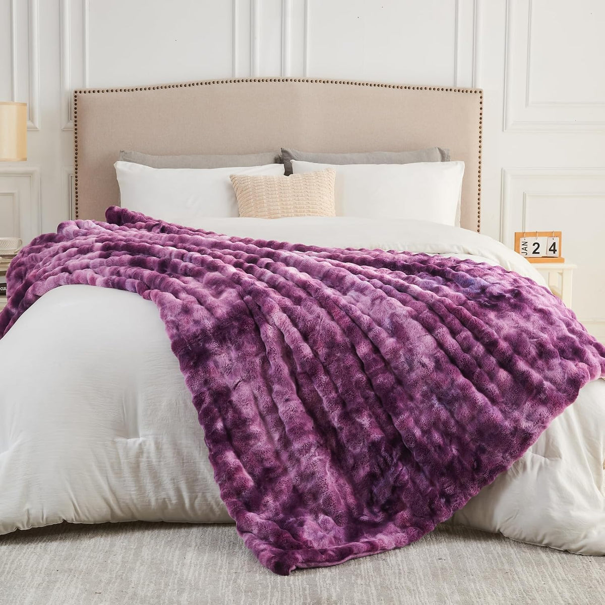 NEWCOSPLAY Faux Fur Twin Blanket Tie-dye Violet Purple Luxury Fluffy Thick Warm Bubble Blanket for