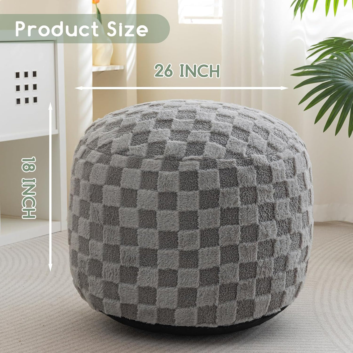 HIGOGOGO Round Stuffed Pouf Ottoman, Plaid Poufs with Foam Chunk Filling, Fluffy and Furry Pouf