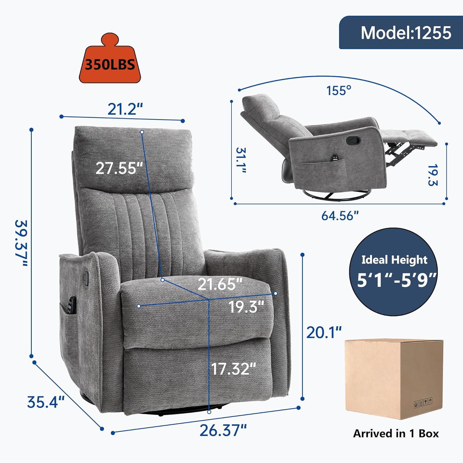 Manual Swivel Rocker Recliner Chair for Adults, Overstuffed Reclining Glider Chair for Nursing with