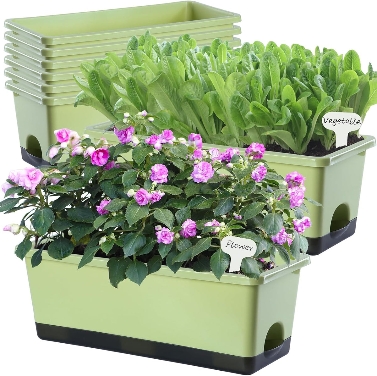 Window Box Planter 8 Pcs, 17 Inches Rectangle Flower Pots with Drainage Holes and Trays, Vegetable