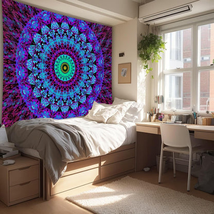 Blacklight Mandala Boho Tapestry, Black Light Bohemian Hippie Poster for Adults and Teens, UV