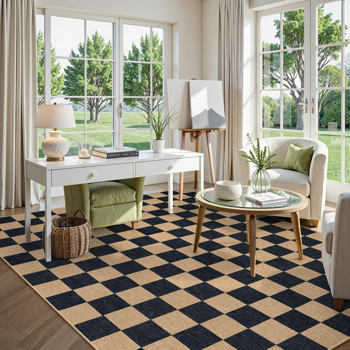 Lahome Checkered Easy Jute 8x10 Rug, Washable Rugs for Living Room Office, Farmhouse Neutral Non