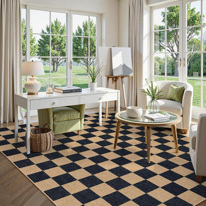 Lahome Checkered Easy Jute 8x10 Rug, Washable Rugs for Living Room Office, Farmhouse Neutral Non