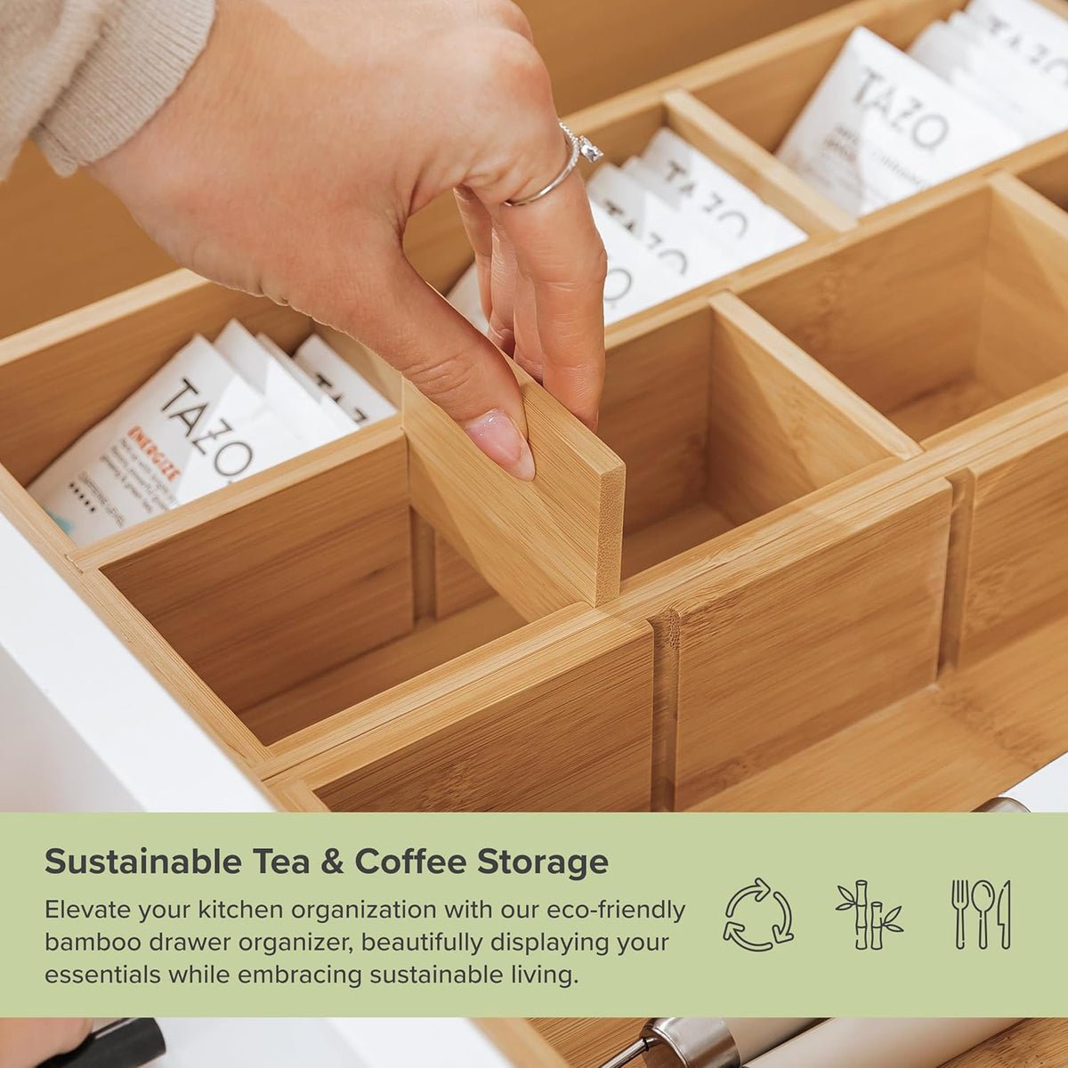 Premium Tea Bags and Coffee Pods Drawer Organizer – Small 9-Compartment Design with Removable Wall