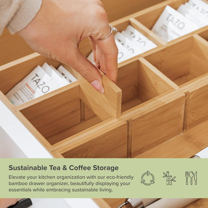 Premium Tea Bags and Coffee Pods Drawer Organizer – Small 9-Compartment Design with Removable Wall