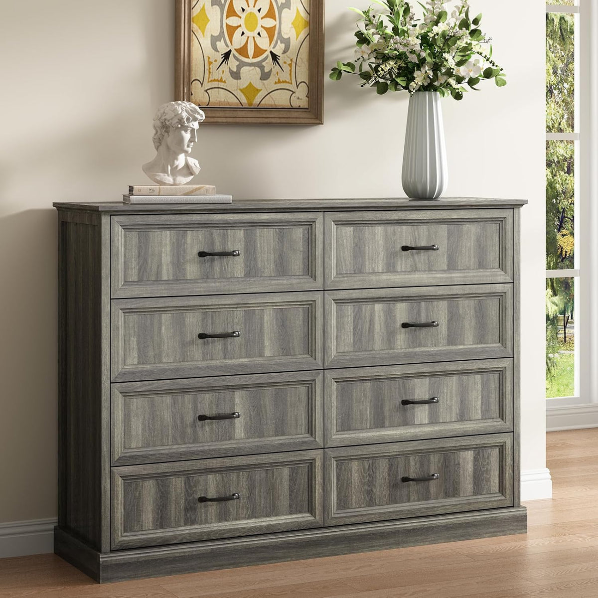 CARPETNAL Farmhouse 8 Drawer Dresser for Bedroom, 55 Inch Wide Modern Grey Dresser TV Stand with