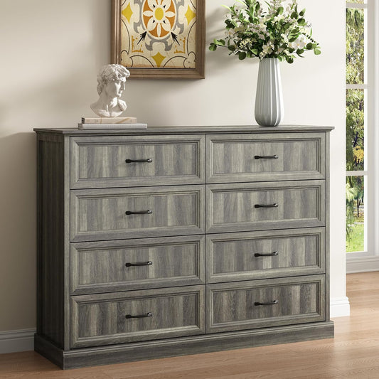 CARPETNAL Farmhouse 8 Drawer Dresser for Bedroom, 55 Inch Wide Modern Grey Dresser TV Stand with
