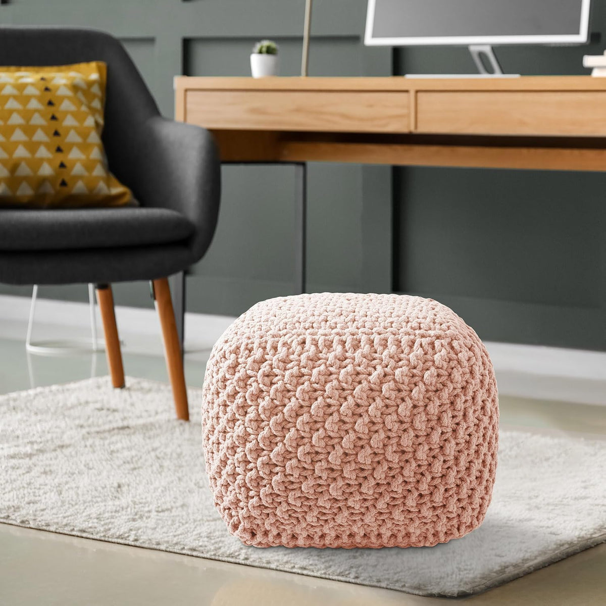 Casafield Square Pouf Ottoman, Light Pink 18.5" W x 18.5" D x 14.5" H Cotton Knit Foot Stool - Boho