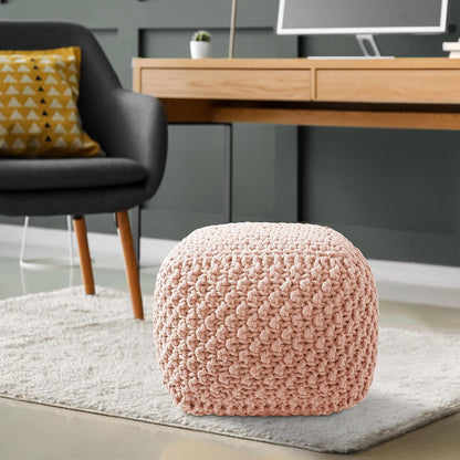 Casafield Square Pouf Ottoman, Light Pink 18.5" W x 18.5" D x 14.5" H Cotton Knit Foot Stool - Boho