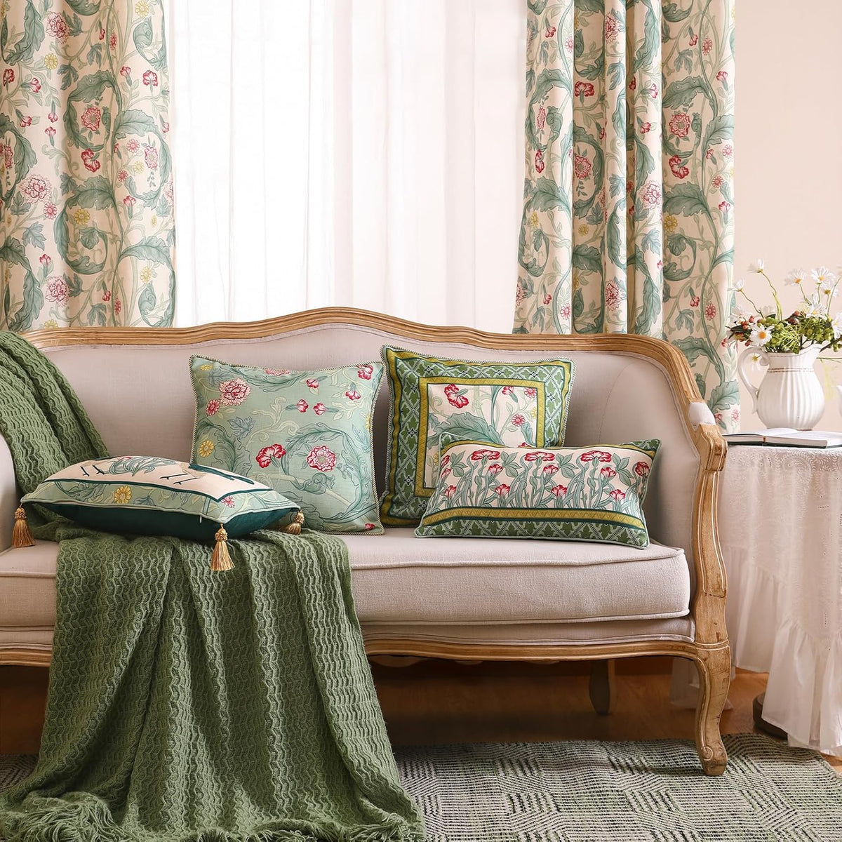patdrea Designer Pack of 4 Throw Pillow Covers,French Vintage Rustic Linen with Green Floral