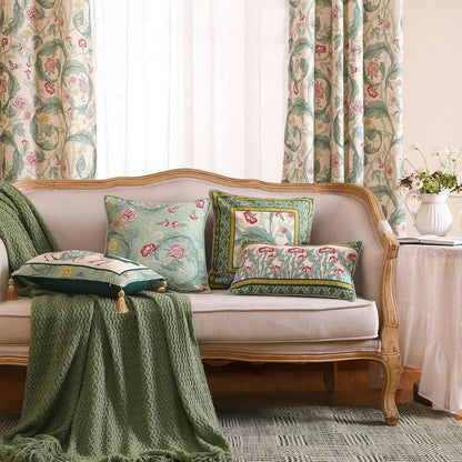 patdrea Designer Pack of 4 Throw Pillow Covers,French Vintage Rustic Linen with Green Floral