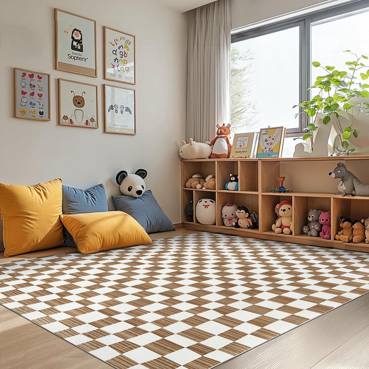 jinchan 5x7 Brown Checkered Area Rugs for Kids Room - Machine Washable Rug Modern Neutral Geometric