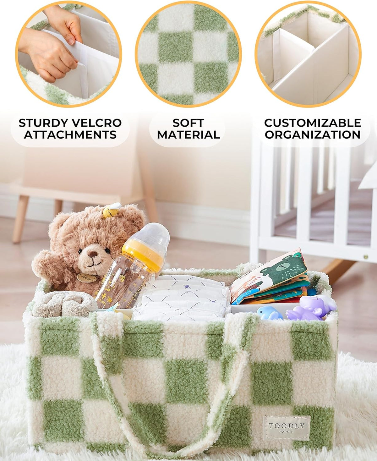Checkered Diaper Caddy Organizer with Portable Changing Mat - Teddy Fleece Diaper Organizer for