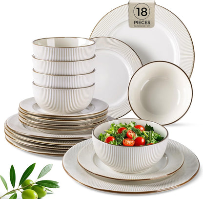 GBHOME Ceramic Dinnerware Sets,18 pcs Embossed Elegant Stoneware Plates and Bowls Sets