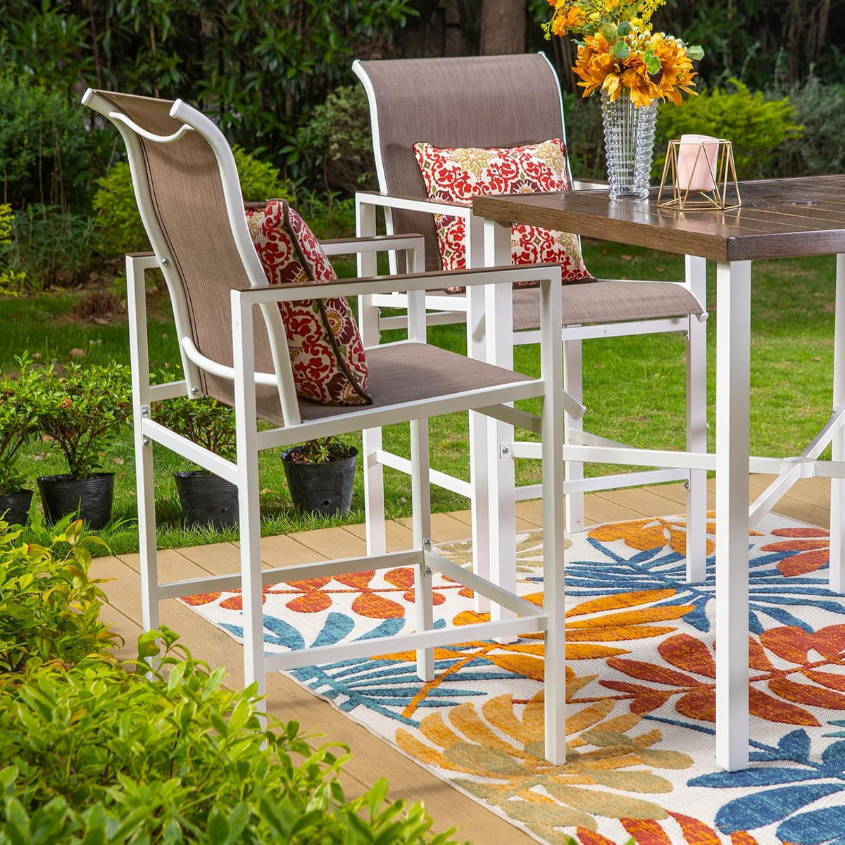 PHI VILLA Outdoor Bar Table, High Patio Table with Umbrella Hole, White Legs, Metal Frame, Sturdy &