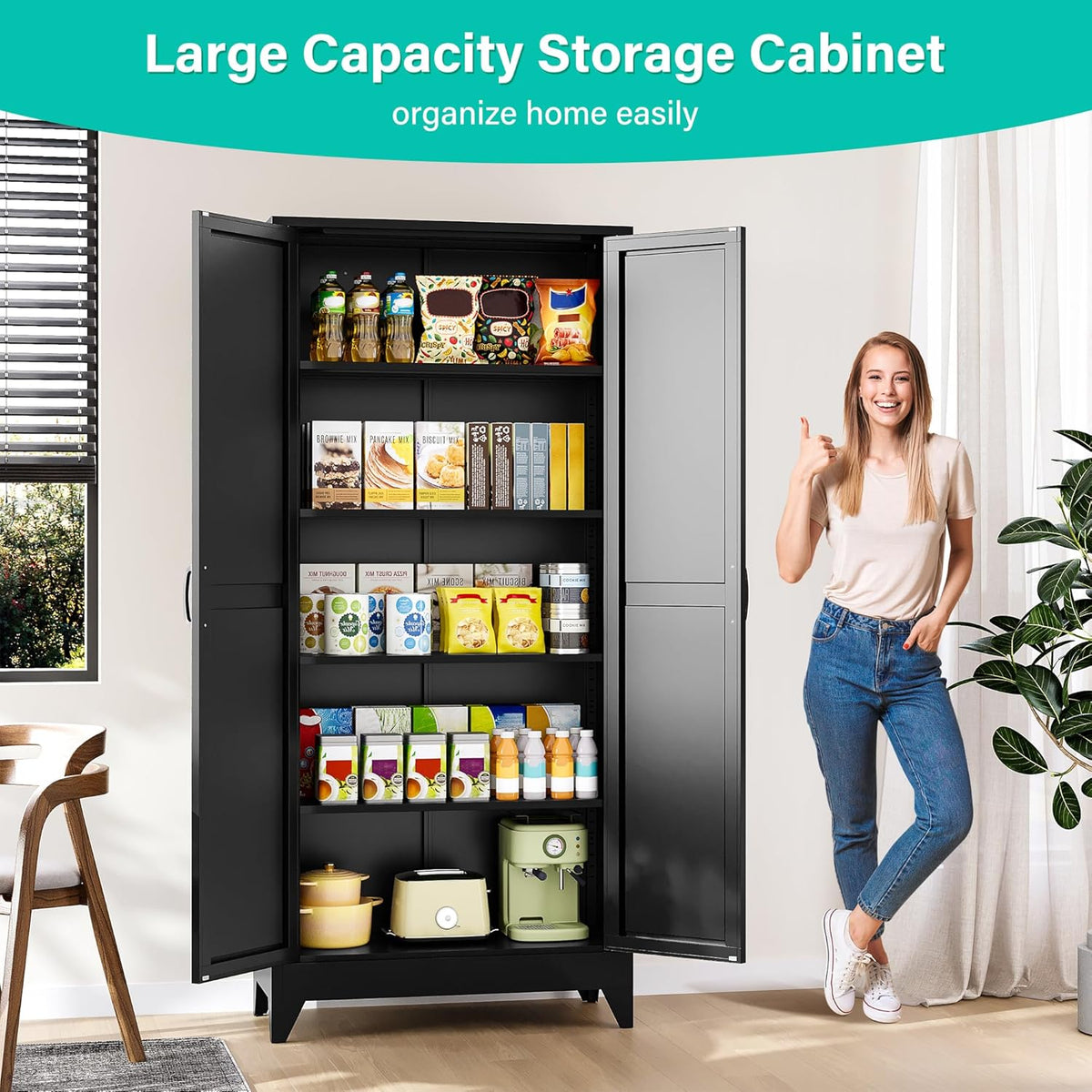 75" Tall Pantry Cabinet,Farmhouse Kitchen Pantry Storage Cabinets with 2 Doors and 5 Shelves,Black