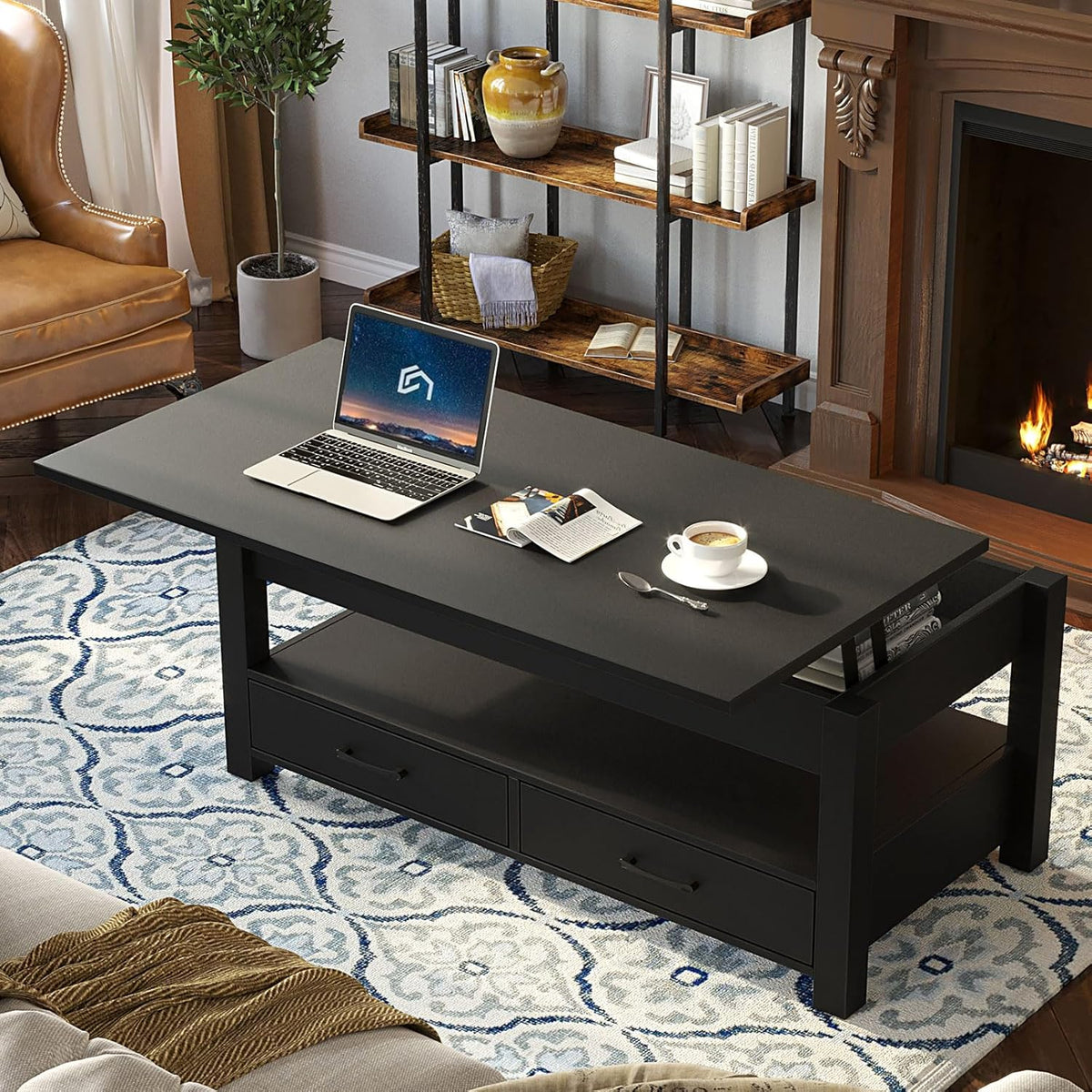 Rolanstar Coffee Table, Lift Top Coffee Table with Drawers and Hidden Compartment, Retro Central