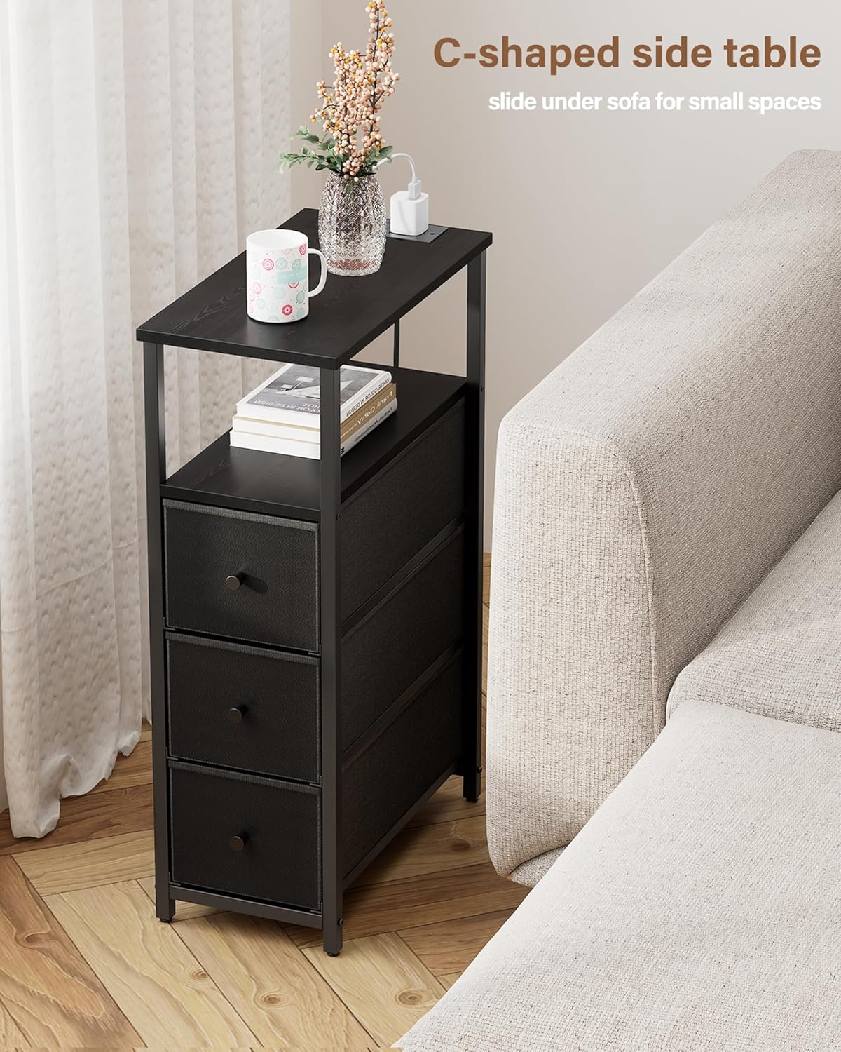 TUTOTAK Narrow Night Stand with Charging Station, Slim End Table with Plugins, Tall Side Table with