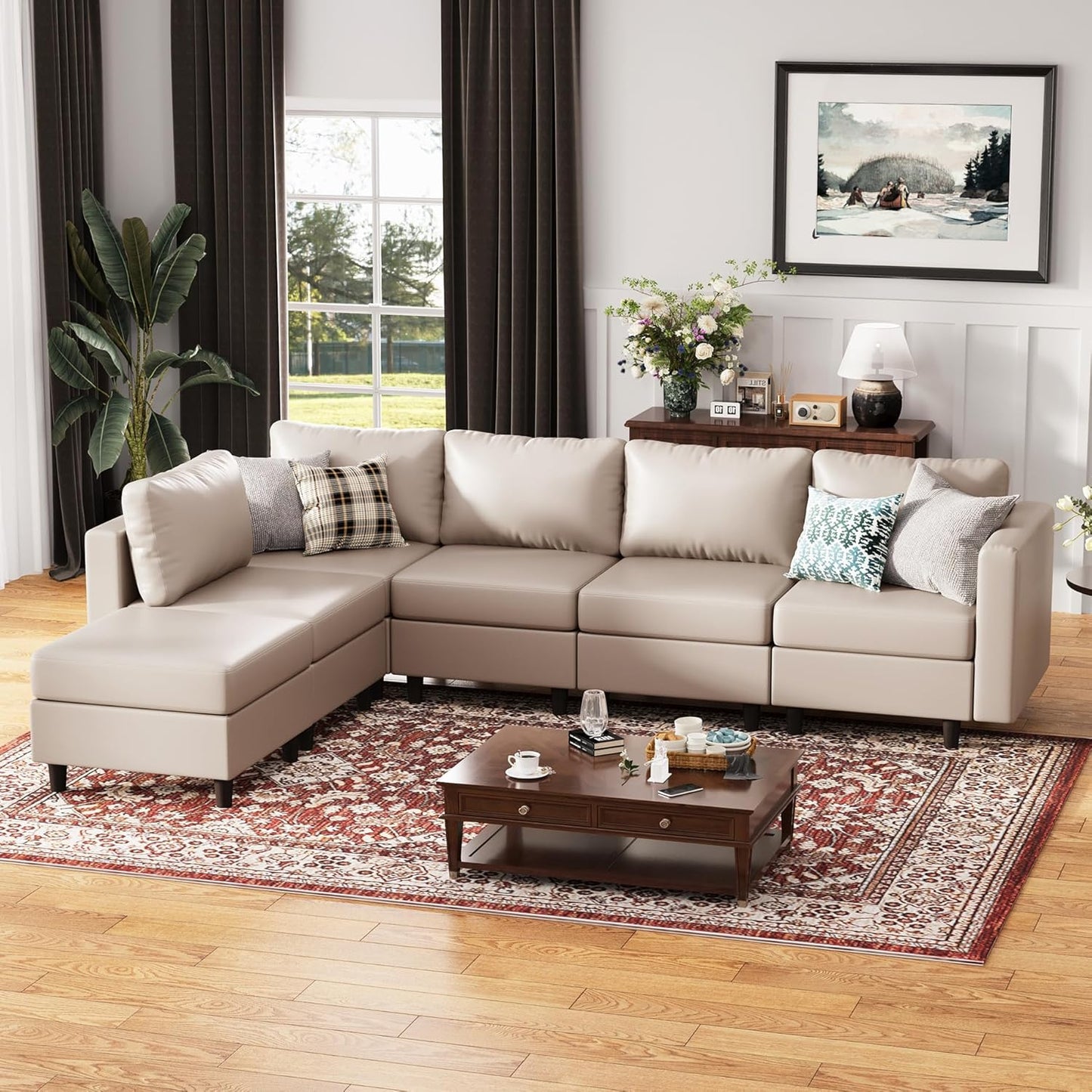 118.5" Faux Leather Modular Sectional Sofa, L Shaped Couch Set for Living Room, 6-Seater Comfy