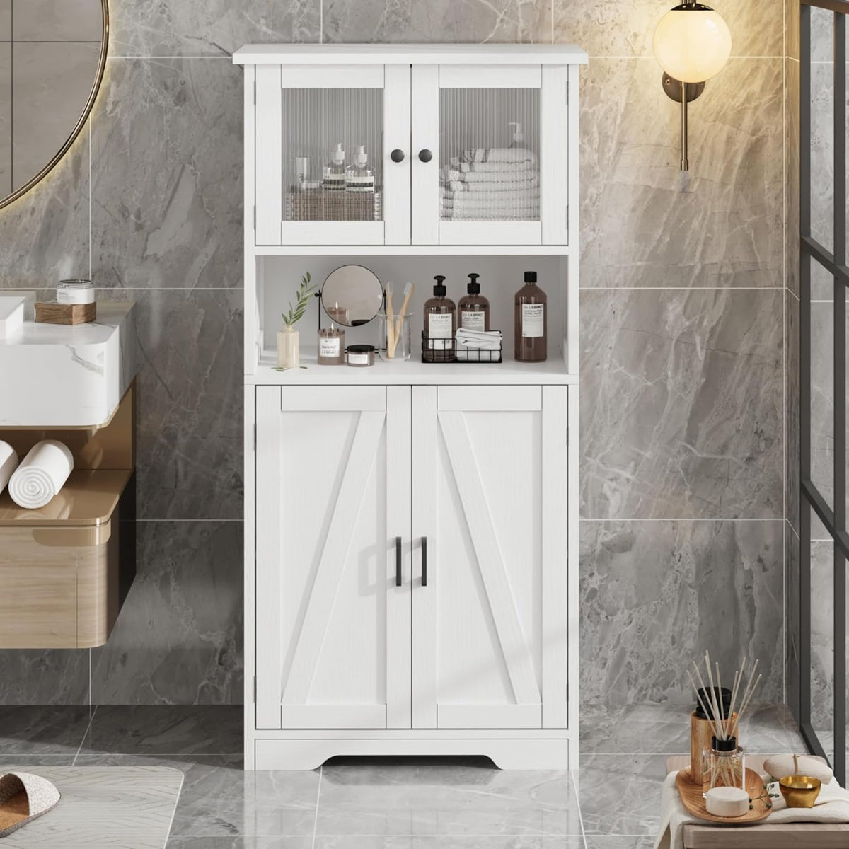 GarveeHome 54in Tall Bathroom Cabinet, Farmhouse Storage Cabinet with Glass Doors and Adjustable