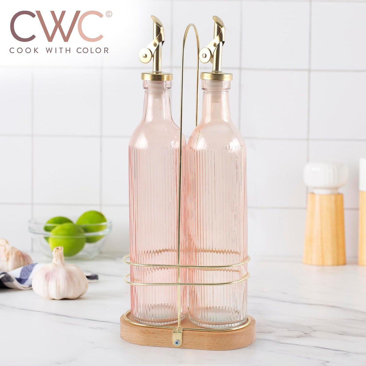 COOK WITH COLOR Glass Olive Oil Dispenser Bottle - 2 Pack, 17 oz Cruet - Elegant Carafe Decanter