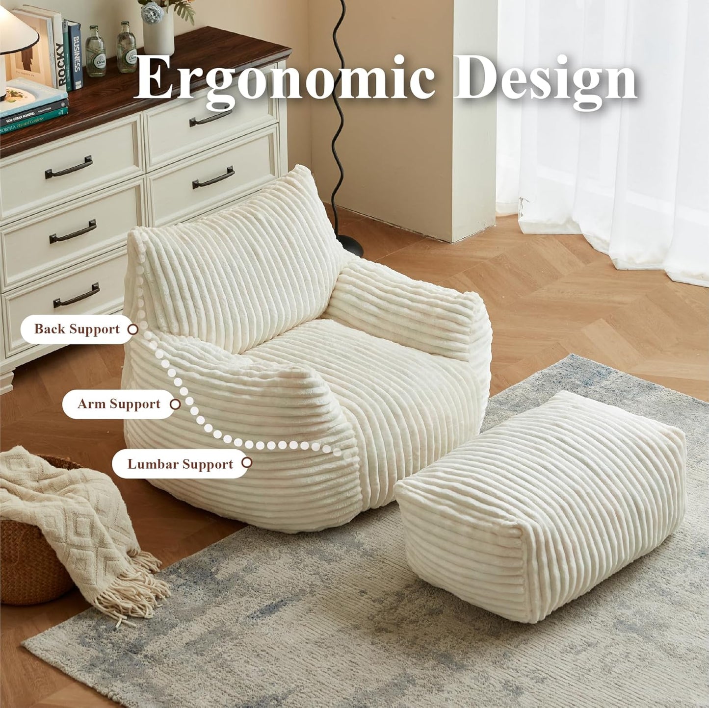 Premium Beige Bean Bag Chair for Adults with Armrest- Ultra Plush Memory Foam Lounge Sofa & Comfy