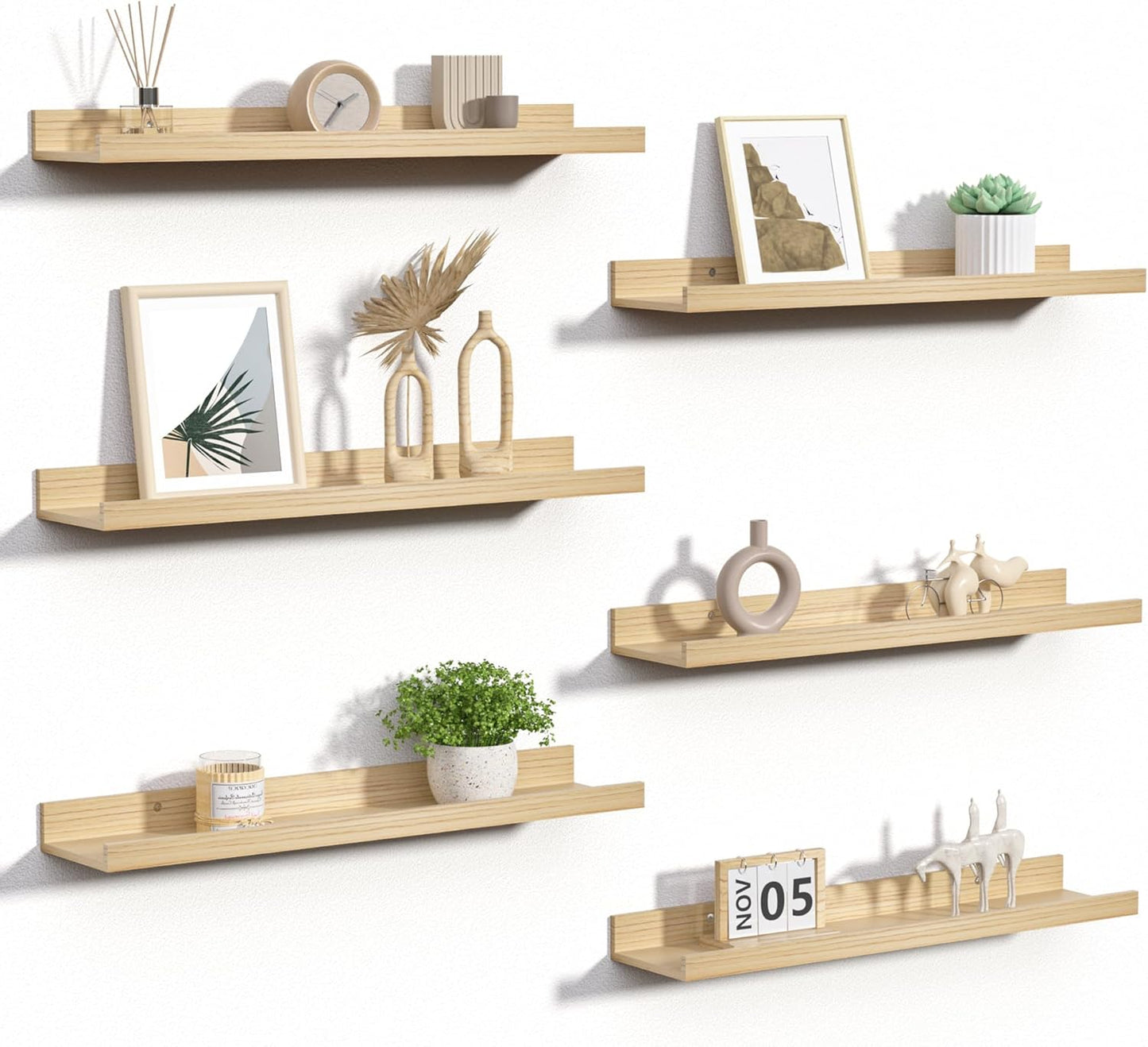upsimples Floating Shelves for Wall, Wood Mounted Shelf Decor Storage Set of 6, for Bedroom, Living
