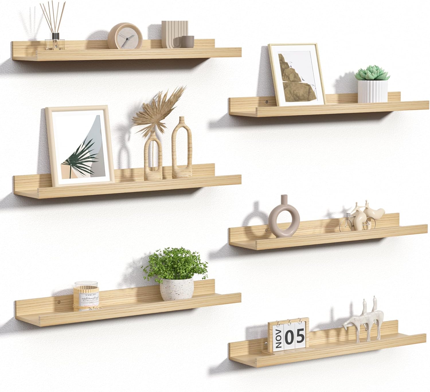 upsimples Floating Shelves for Wall, Wood Mounted Shelf Decor Storage Set of 6, for Bedroom, Living