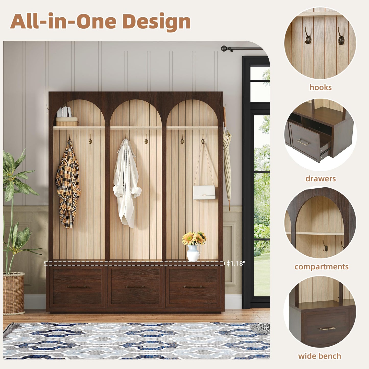 Merax Farmhouse Wood Hall Tree with Shoe Bench and 3 Drawers, 4-in-1 Coat Rack with 8 Hooks for