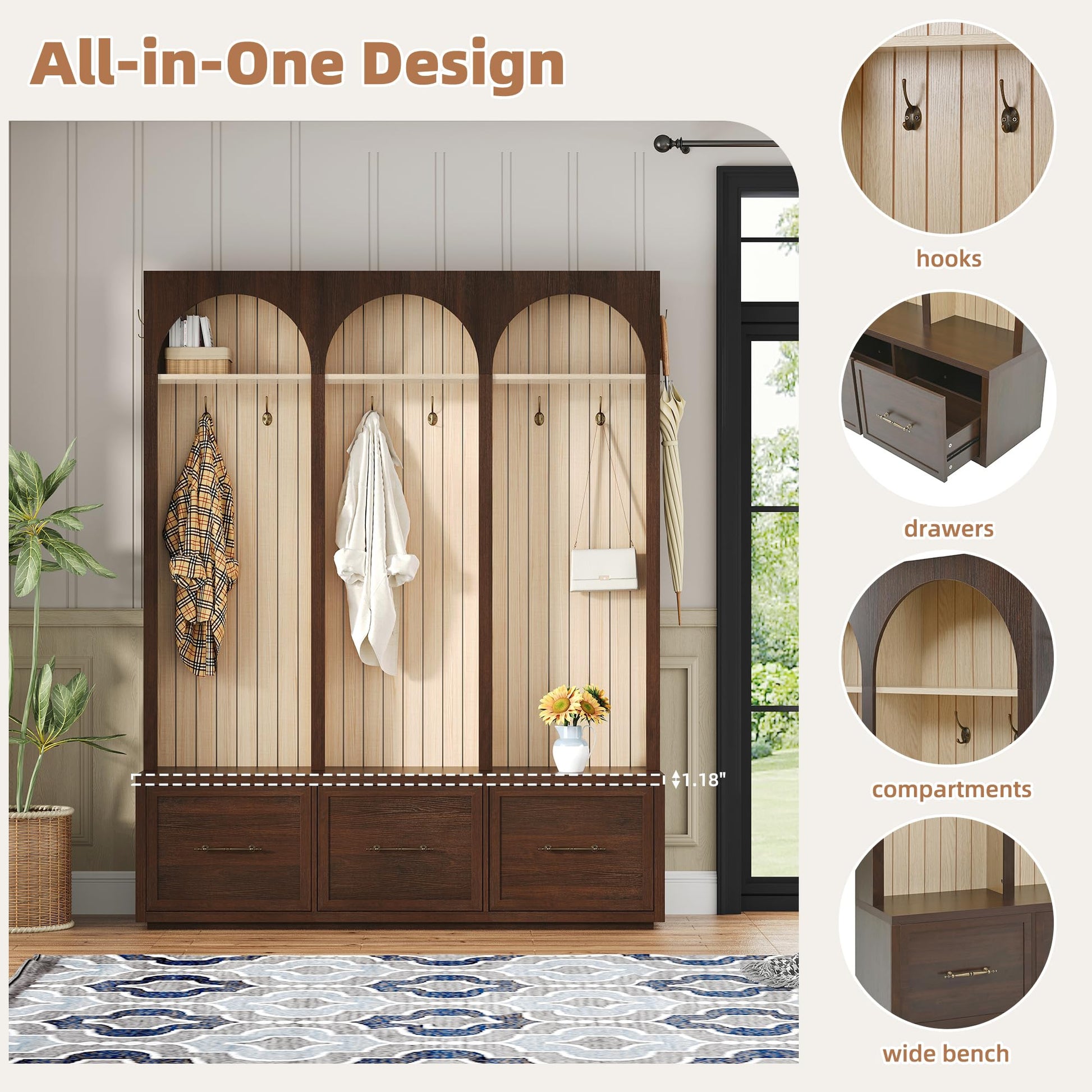 Merax Farmhouse Wood Hall Tree with Shoe Bench and 3 Drawers, 4-in-1 Coat Rack with 8 Hooks for