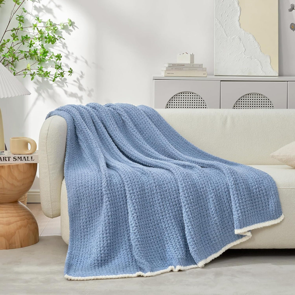 Snuggle Sac Blue Waffle Throw Blanket for Couch Bed Sofa 60x80 inches, Reversible Blue Blanket