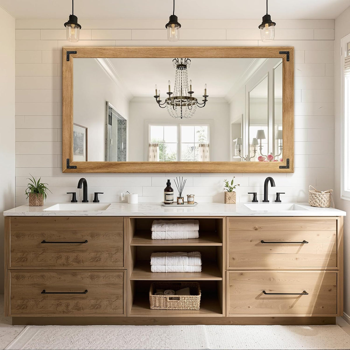 Full Length Mirror with Wooden Frame, 55"X30" Solid Wood Standing Floor Mirror for Farmhouse