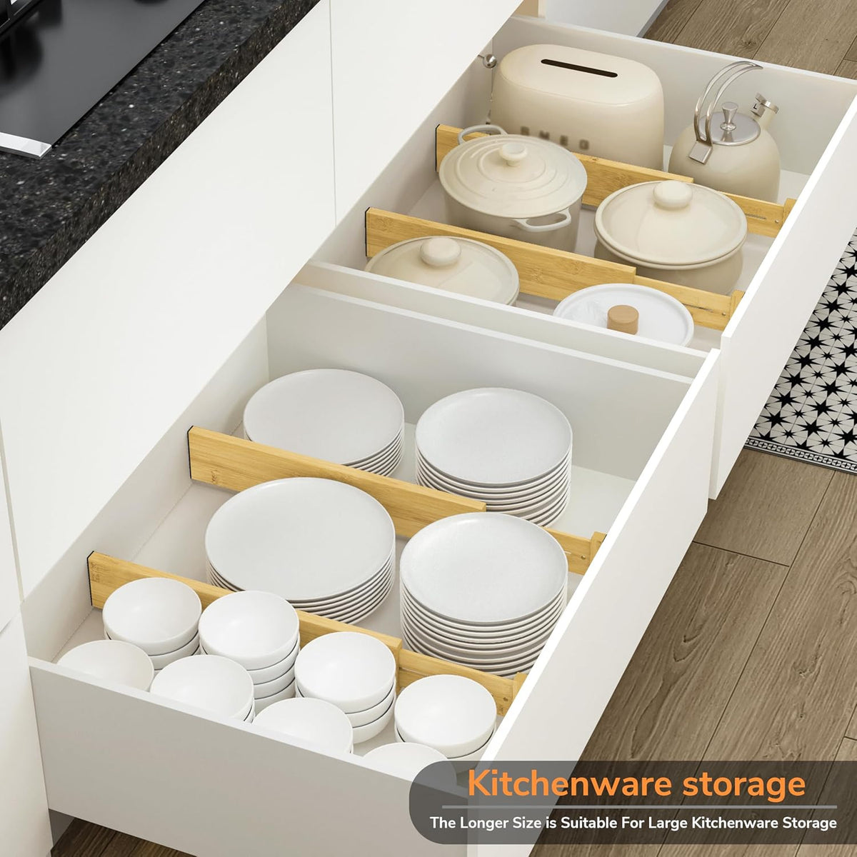 BAMEOS 3" H Bamboo Drawer Dividers - Adjustable Expandable Drawer Organizer - Kitchen, Bathroom