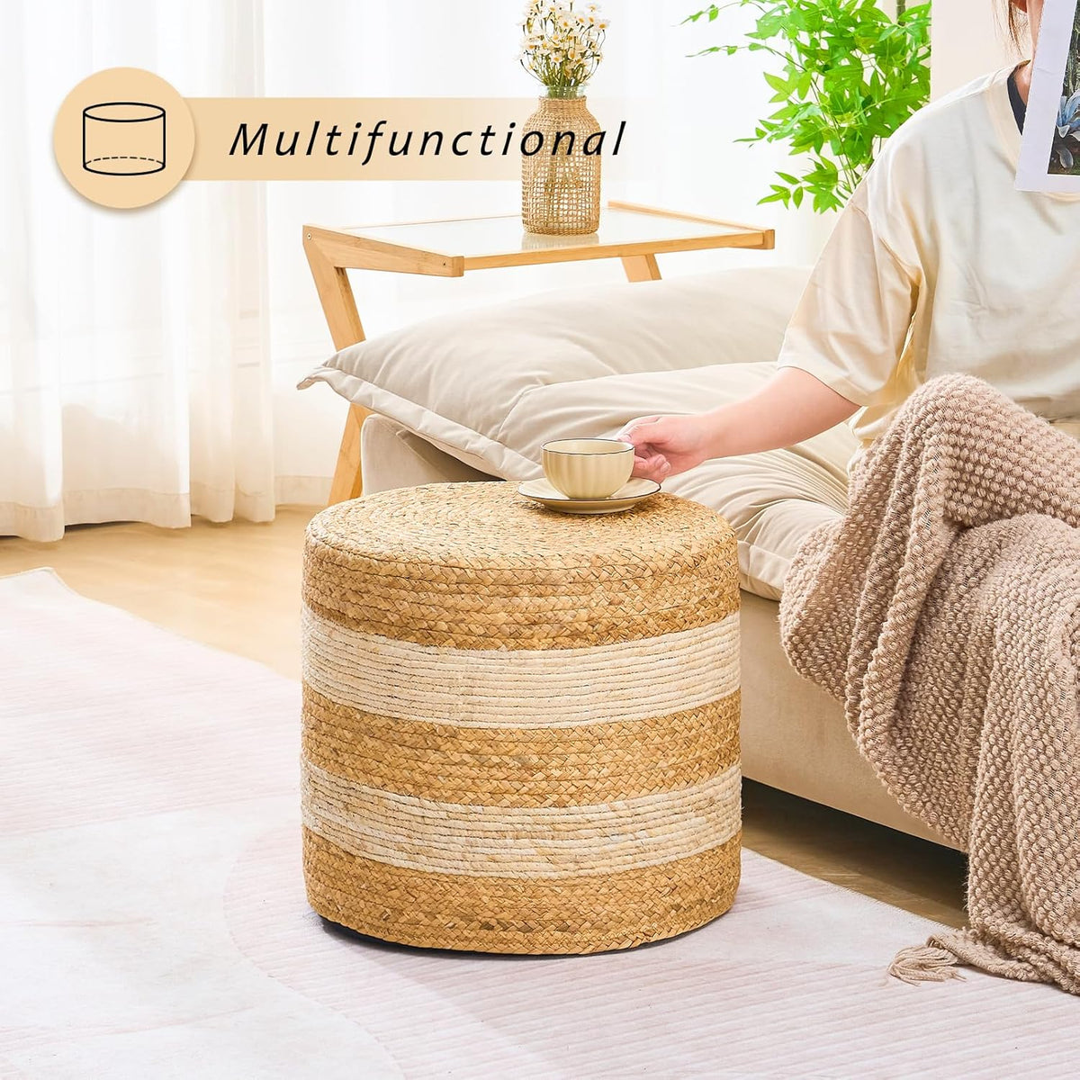 Handwoven Ottoman Pouf, Natural Water Hyacinth Footstool, Round Braided Outdoor Seat with Sturdy