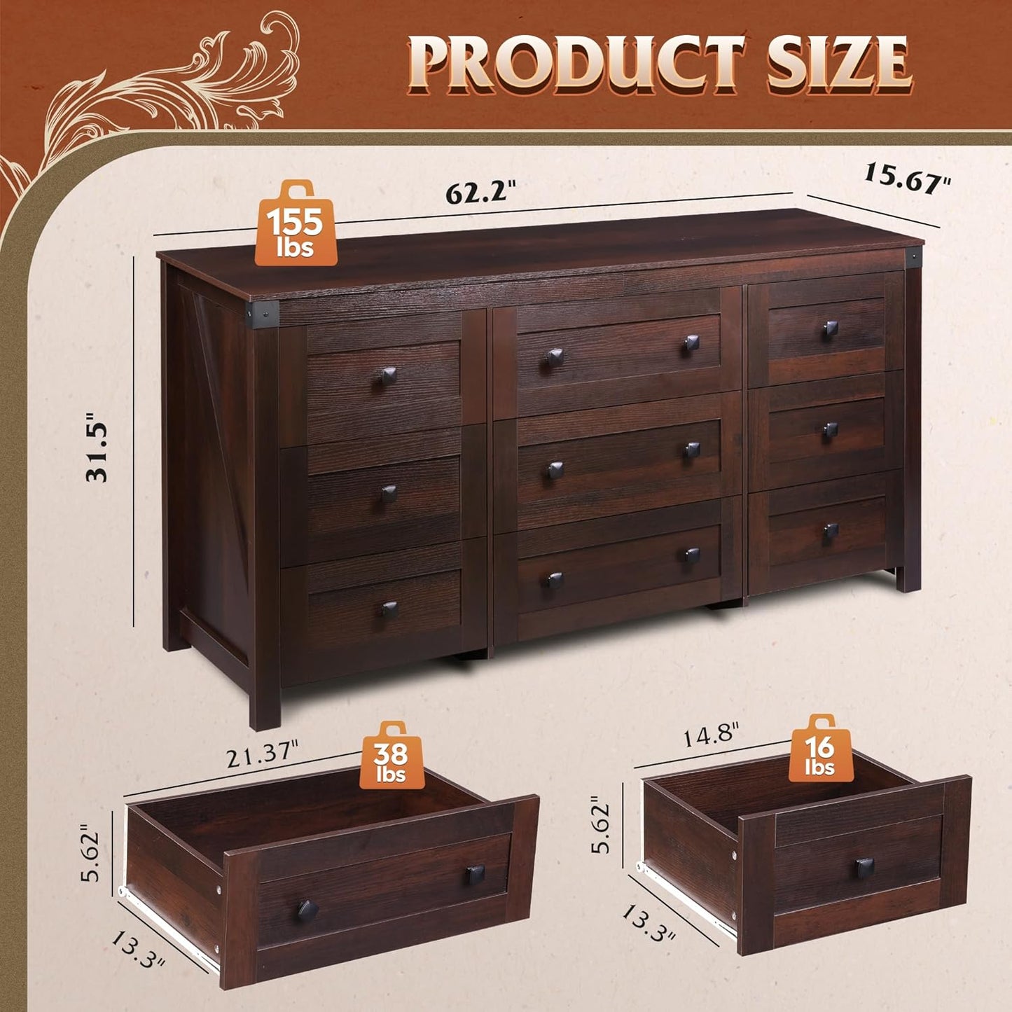 WLIVE Farmhouse Dresser for Bedroom, 63" Wide 9 Drawer Dresser Storage Organizer, Wood Chest of