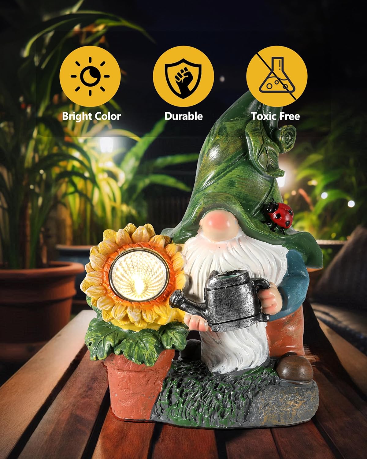 Solar-Powered Large Garden Gnome Watering Can Sunflower - 12 in Garden Decor Gnomes Decorations for