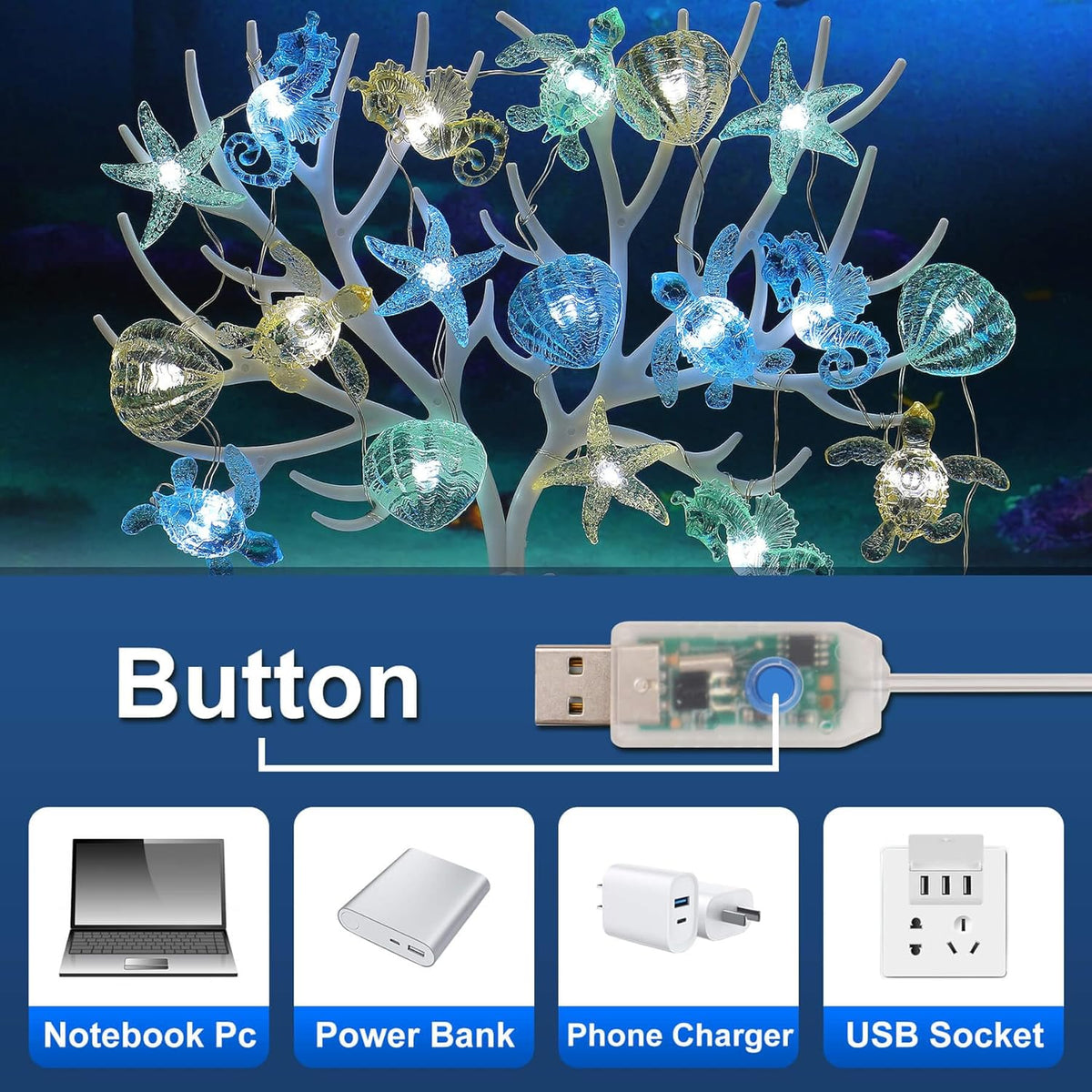Ocean Theme String Lights Indoor Nautical Décor-USB or Battery Operated 10ft 30 LED Sea Horse