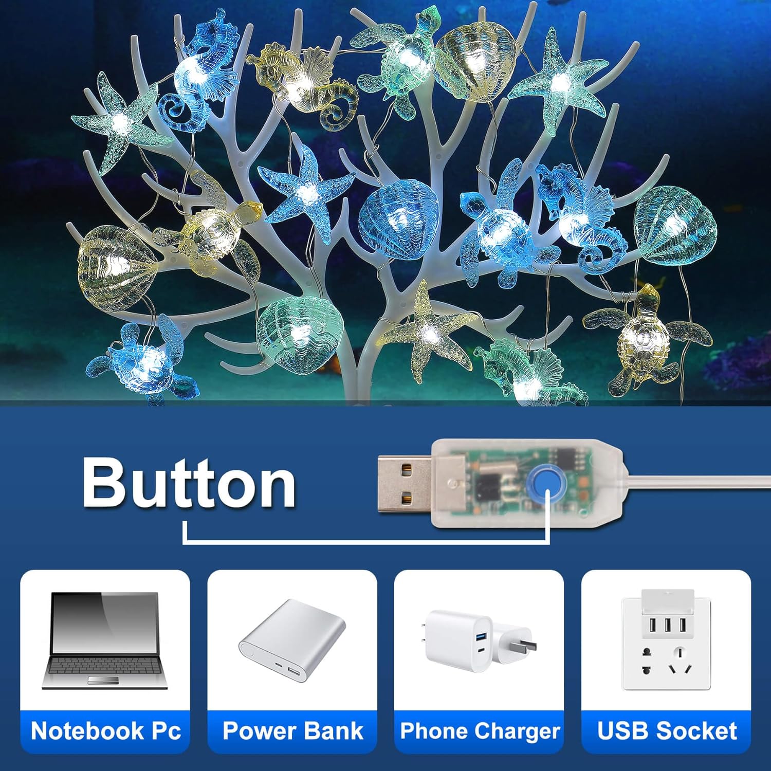 Ocean Theme String Lights Indoor Nautical Décor-USB or Battery Operated 10ft 30 LED Sea Horse