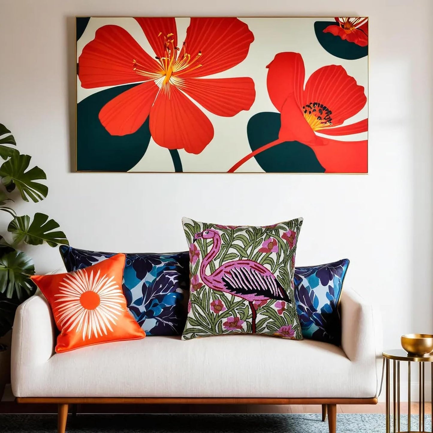 William Morris Flamingo Floral Pillow Cover - Hand Embroidered Modern Flower Pillowcase, Outdoor