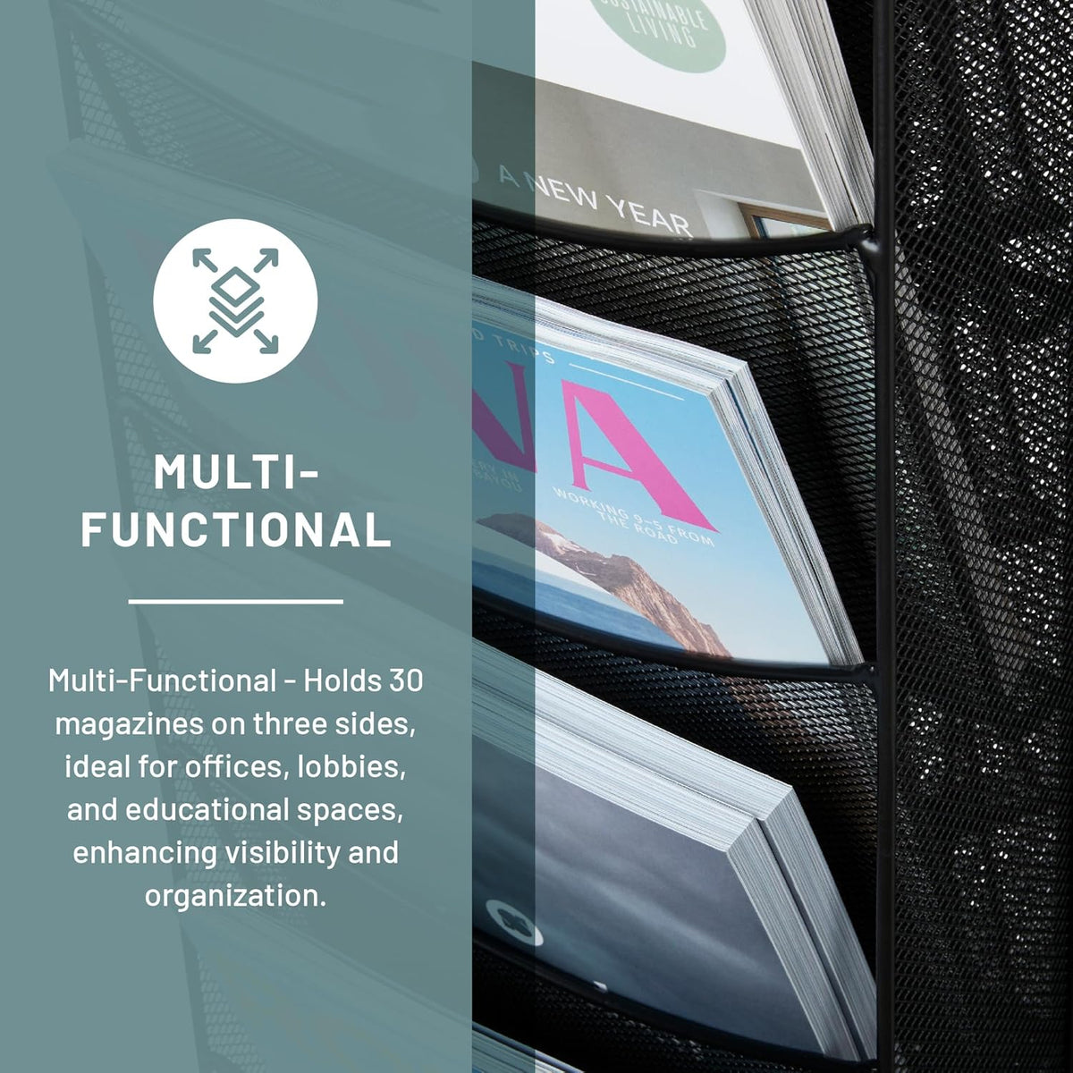Safco Onyx Rotating Mesh Magazine Holder, Display Rack with 30 Pockets, Brochure Organizer