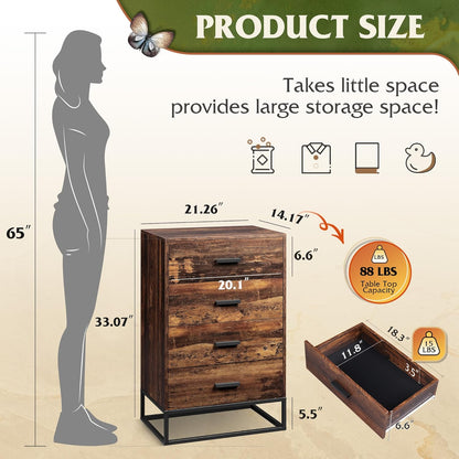 WLIVE Wood Dresser for Bedroom with 4 Drawers, Tall Dresser with Sturdy Metal Frame, Wooden Chest