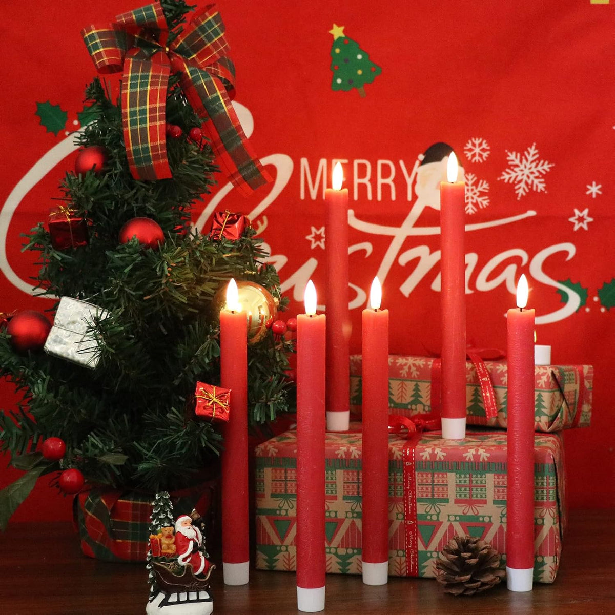 GenSwin Flameless Red Taper Candles Flickering with 10-Key Remote, Battery Operated Led Warm 3D