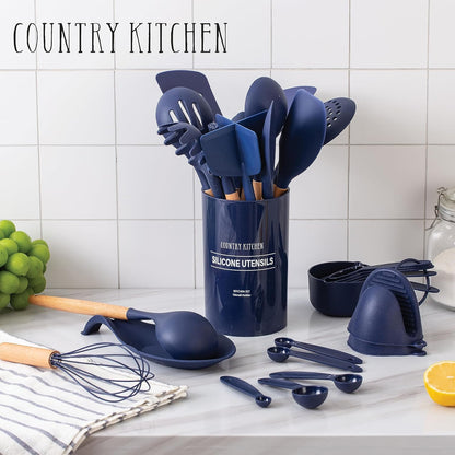 Country Kitchen Non Stick Silicone Utensil Set with Rounded Wood Handles for Cooking and Baking, 38