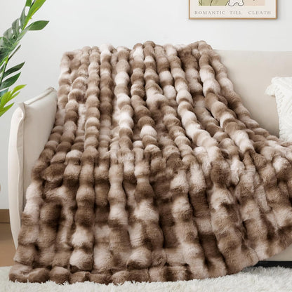 Touchat Luxury 1000GSM Rabbit Faux Fur Blanket, Super Heavy Warm Cozy Brown Blankets for Couch Bed